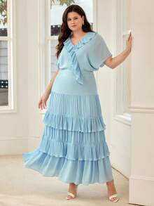 PREMIUM PLUS SIZE WOMEN'S ROMANTIC RUFFLE HEM DRESS, SPRING/SUMMER - Blue - View 5