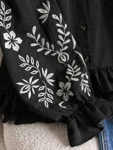 CosyJoli Plus Size Women Embroidered Single-Breasted Ruffle Hem Blouse - Black - View 5