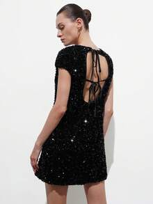 Aveloria Modichic Women Sequin Fabric Slim Fit All-Over Sequins Crew Neck Raglan Short Sleeve Mini Dress Elegant Black Summer 70's Club Party Date Night Dresses - Black - View 2