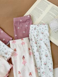 SHEIN LMoss Kids Conjunto de pijama infantil Dozemod para menina, com estampa fofa de urso de desenho animado e flores, blusa de manga curta com gola redonda e calça, 6 peças, casual e confortável, em malha. - Multicolorido - Ver 4