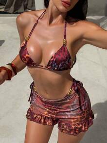 Swim SXY 3pcs/Set Random Print Beaded Halter Top, Side Tie Swim Shorts & Skirt Bikini Set - Multicolor - View 2