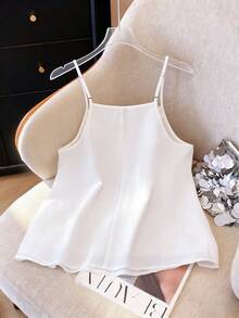 Franclia Women's White Summer Tops Elegant Solid Color Pleated Collar Colorful Button Decor Sleeveless Tank Top White Summer Tops - White - View 2