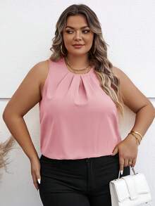 SHEIN Clasi Camisa casual sin mangas con pliegues de unicolor para mujer de talla grande - Rosa Pálido - Ver 8