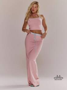 MUSERA 撞色滚边修身吊带背心和长裙套装，春夏可爱少女风，适合度假、海滩、日常休闲穿着。 - 粉色 - 查看 1