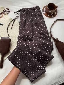 SHEIN PETITE CURVE 大码女式棕色波点印花系带阔腿裤 - 咖啡棕 - 查看 4