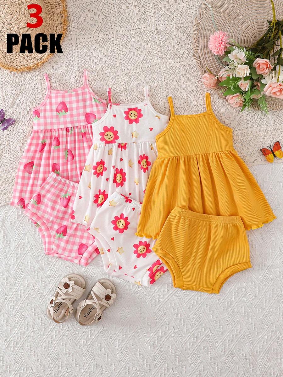 SHEIN Playful Pals Bộ 3 quần yếm mềm mại và dễ thương cho bé gái - Nhiều màu - Xem 1