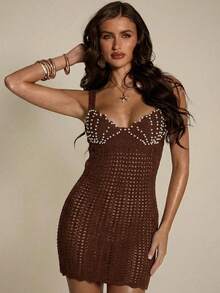 SHEIN BAE Robe en tricot pour femme avec bretelles perlées, élégante pour la plage et les stations balnéaires - Marron - Voir 5