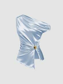 Sweetra 新款春夏女装设计感十足的高街时尚度假复古纹理简约修身不对称肩部衬衫 - 藍色 - 查看 1