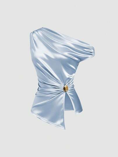 Sweetra Áo kiểu nữ mùa Xuân/Hè mới, tập trung vào thiết kế, mang phong cách đường phố thanh lịch, nghỉ dưỡng, retro, tối giản, ôm sát, vai bất đối xứng, chất liệu vải có họa tiết.