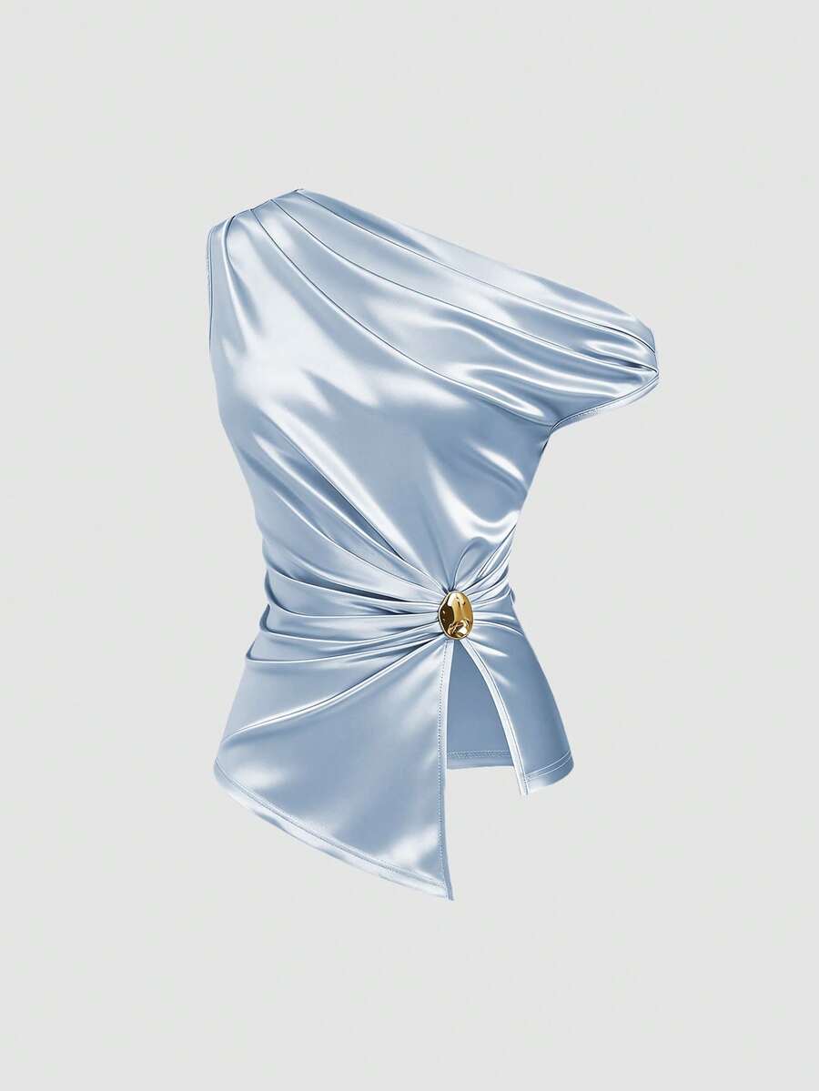 Sweetra 新款春夏女装设计感十足的高街时尚度假复古纹理简约修身不对称肩部衬衫 - 藍色 - 查看 1