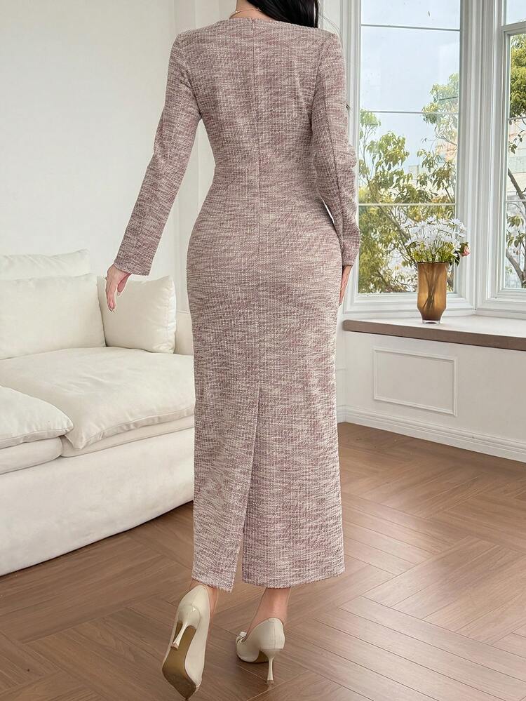 Women's Elegant Textured Square Neck Long Dress, Suitable For Spring And Summer