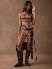 SHEIN BAE 女士条纹休闲百搭吊带背心 - 棕色 - 查看 3