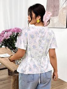 Lounesse Áo sơ mi nữ cỡ lớn cổ chữ V in hoa, kiểu dáng thường ngày đa năng. - Màu xanh lam - Xem 2