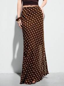 Aveloria Modichic Women's Luxury Polka Dot Print Flowy Fitted Mermaid Skirt, Minimalist Versatile Coffee Color - Coffee Brown - View 1