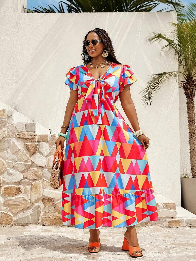 Plus Size Women Geometric Print Front Knot Ruffle Sleeve Midi Dress