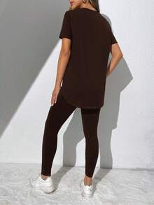 SHEIN Essnce Women's Solid Color Round Neck Short Sleeve Top And Skinny Leggings Casual Daily 2 Pieces Set - Brown - View 2