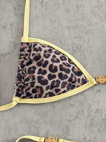 Swim SXY New Arrival Women's Elegant Y2K Sexy Wild 2 Piece Leopard Print Bikini Set - Leopard Triangle Top With Beige Yellow Trim & Gold Hardware, High Cut Cheeky String Bottom, Flattering Slimming Fit, Retro Animal Print Beach Summer Vibe - Ultimate Swimwear & Beach Outfit For Summer Vacation, Pool Party, Beach Holiday, Resort Wear, Music Festivals, Tropical Getaway, Honeymoon, Spring Break & Coastal Holidays - Multicolor - View 4