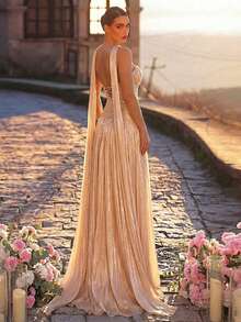 Glamrae Đầm cúp ngực màu mơ thanh lịch với họa tiết đính sequin 3D sang trọng, chân váy xếp ly xòe rộng (kèm dây buộc cổ có thể tháo rời), thích hợp cho các buổi hẹn hò, kỳ nghỉ, tiệc độc thân, đám cưới, đầm dạ hội dành cho nữ. - Màu xanh hải quân - Xem 5