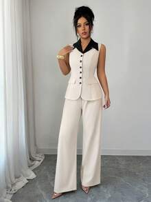 Elenzga 女士优雅通勤套装，无袖领撞色腰身A字裤装，适合日常穿着、办公室通勤及多种场合，春夏女士裤装套装，优雅正式连体裤，优雅两件套，女士优雅连体裤，女士度假套装，女士优雅套装，居家办公套装，女士服装套装，女士裤装 - 杏色 - 查看 3