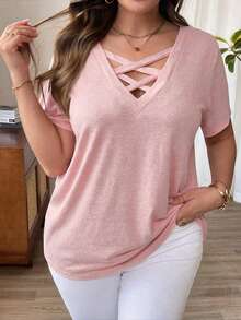 EMERY ROSE Plus Size Baby Pink V Neck Short Sleeve Criss Cross Casual T-Shirt With Plain Knitted Fabric - Baby Pink - View 1