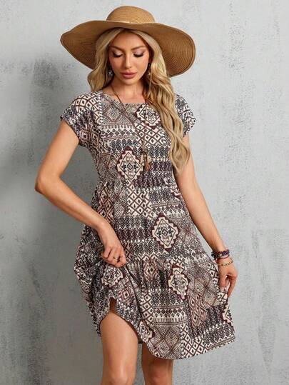 EMERY ROSE 女士休闲度假印花圆领短裙