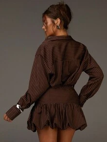 Athîral Petite 女士休闲套装，女士秋季穿搭，棕色泡泡裙和衬衫，棕色条纹 - 棕色 - 查看 2