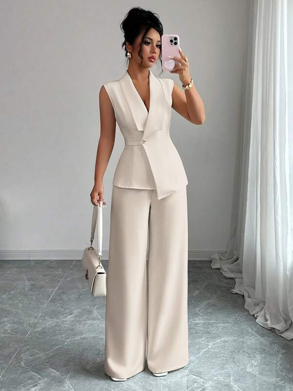 Elenzga Conjunto de oficina elegante para mujer, ideal para ir a la oficina o tomar el té por la tarde, compuesto por un blazer sin mangas con bajo asimétrico y hebilla metálica en la cintura, combinado con pantalones de cintura elástica, conjunto de 2 piezas, para primavera/verano