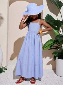 Tween Girl Fashion Resort Pink Spaghetti Strap A-Line Dress - Blue - View 5