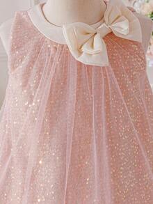 SHEIN Glamorique Kids Đầm dự tiệc sang trọng, thanh lịch, quyến rũ, lấp lánh màu hồng, không tay, cổ tròn, có nơ, dành cho bé gái. - Bụi hồng - Xem 5