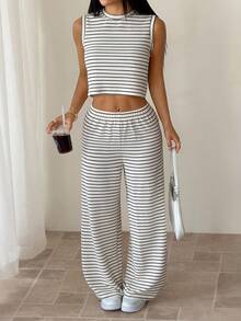SHEIN PETITE Bộ đồ nữ 2 món gồm áo tank top và quần dài kẻ sọc, kiểu dáng thường ngày. - Đen và trắng - Xem 5