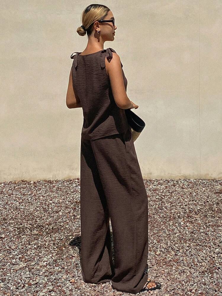 2pcs/Set Women's Brown V-Neck Top And Casual Pants Outfit, Suitable For Summer Vacation, Commuting And Office Wear