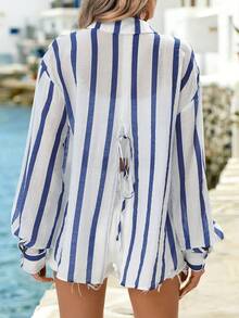 SHEIN Holidaya Women's Loose Fit Lightweight Drop Shoulder Shirt With Back Slit And Tie, Striped Design For Casual And Work Wear - Blue - View 2