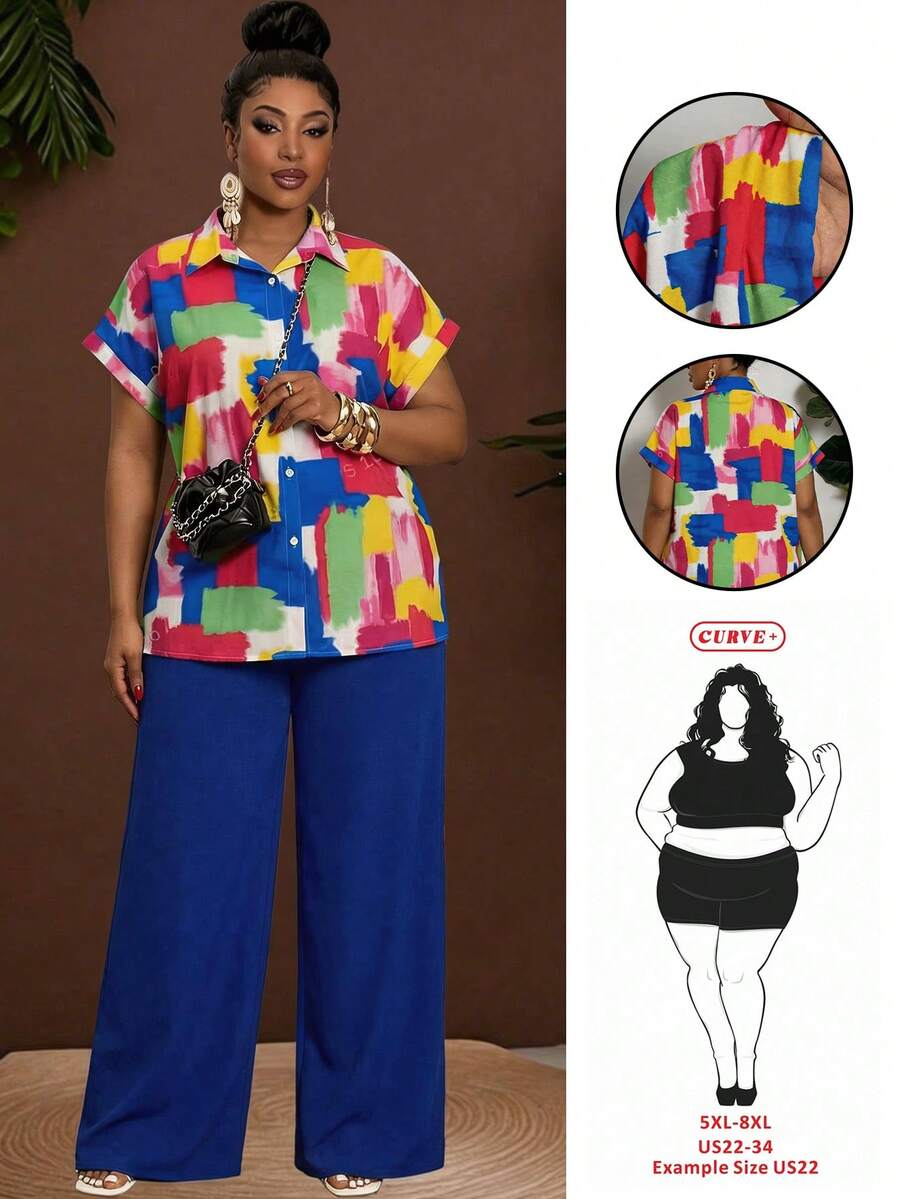 SHEIN CURVE+ Curve 尺码 US22 音乐节、海滨度假、波西米亚风两件套，AB 色印花衬衫和纯色裤子，度假 - 彩色 - 查看 1