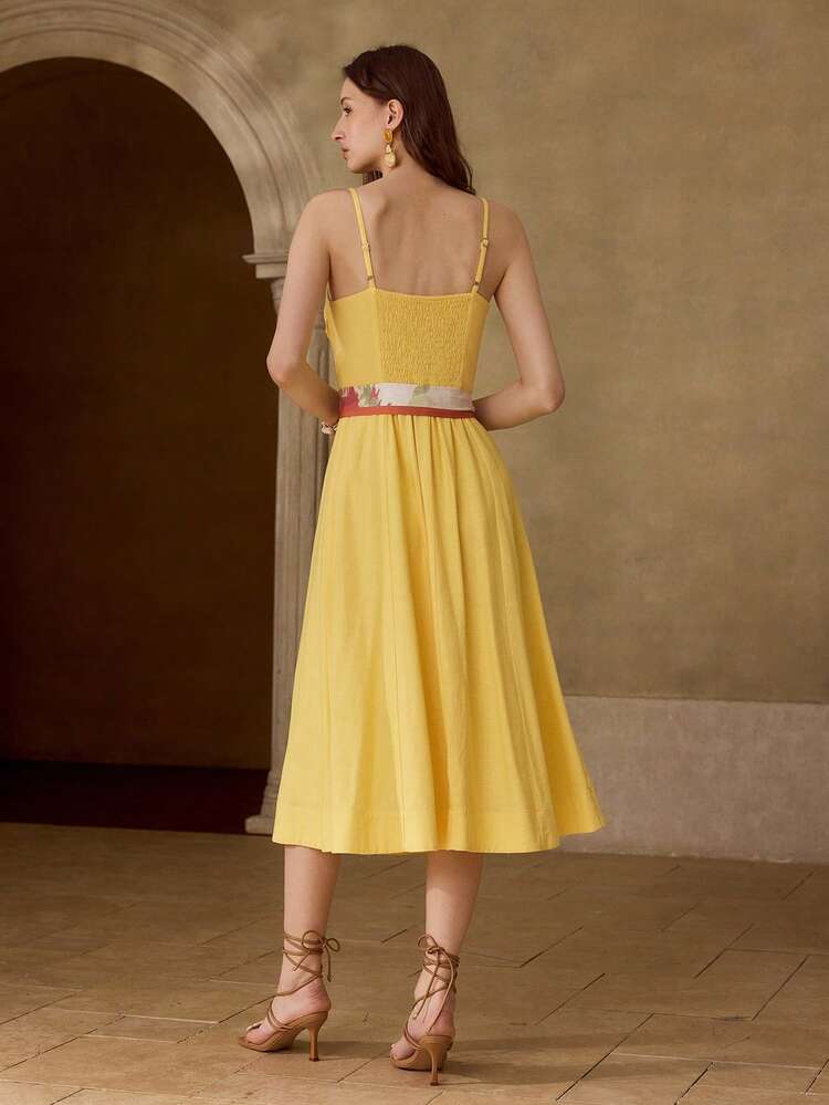 WOMEN'S LINEN DRESS WITH CHEST PAD DESIGN, SCARF AND BELT
