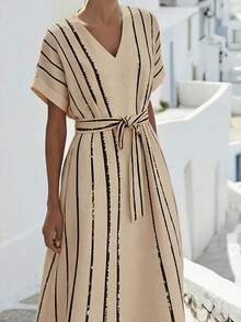 SHEIN Holidaya Vestido de mujer de manga larga y corta con cuello en V a contraste, decoración con lazo en la cintura, vestido casual holgado, vestido elegante para vacaciones, adecuado para primavera y verano - Caqui - Ver 4