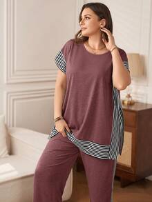 Miaspire Plus Size Striped Patchwork T-Shirt + Pants, Grey 2 Pieces Set - Rusty Rose - View 4
