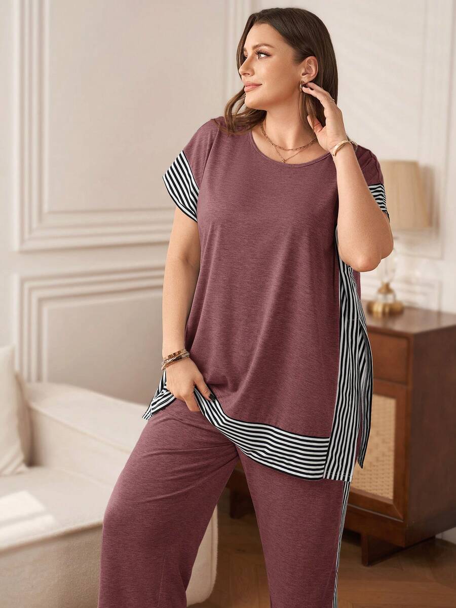 Rosumi Plus Size Striped Patchwork T-Shirt + Pants, Grey 2 Pieces Set - Rusty Rose - View 1