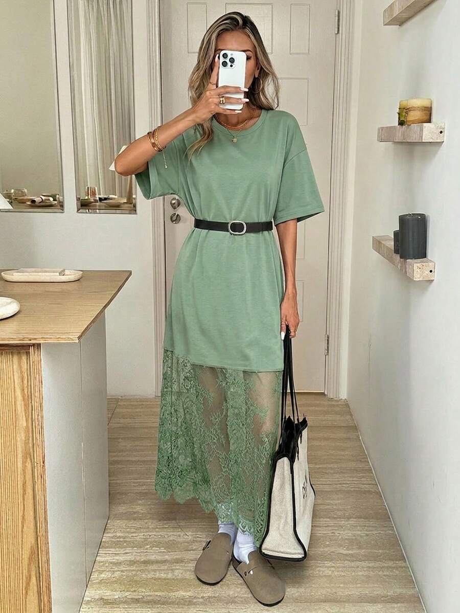 Easowa Camiseta casual holgada de cuello redondo y unicolor, vestido de encaje, conjunto de moda para salir y para ir al trabajo - Verde - Ver 1
