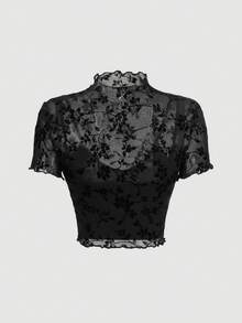 SHEIN MOD Camiseta de cuello alto de malla de terciopelo talla grande, para el invierno - Negro - Ver 4