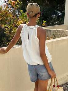 Livesso Women's Vacation Crochet Hollow Design Halter Blouse - White - View 6