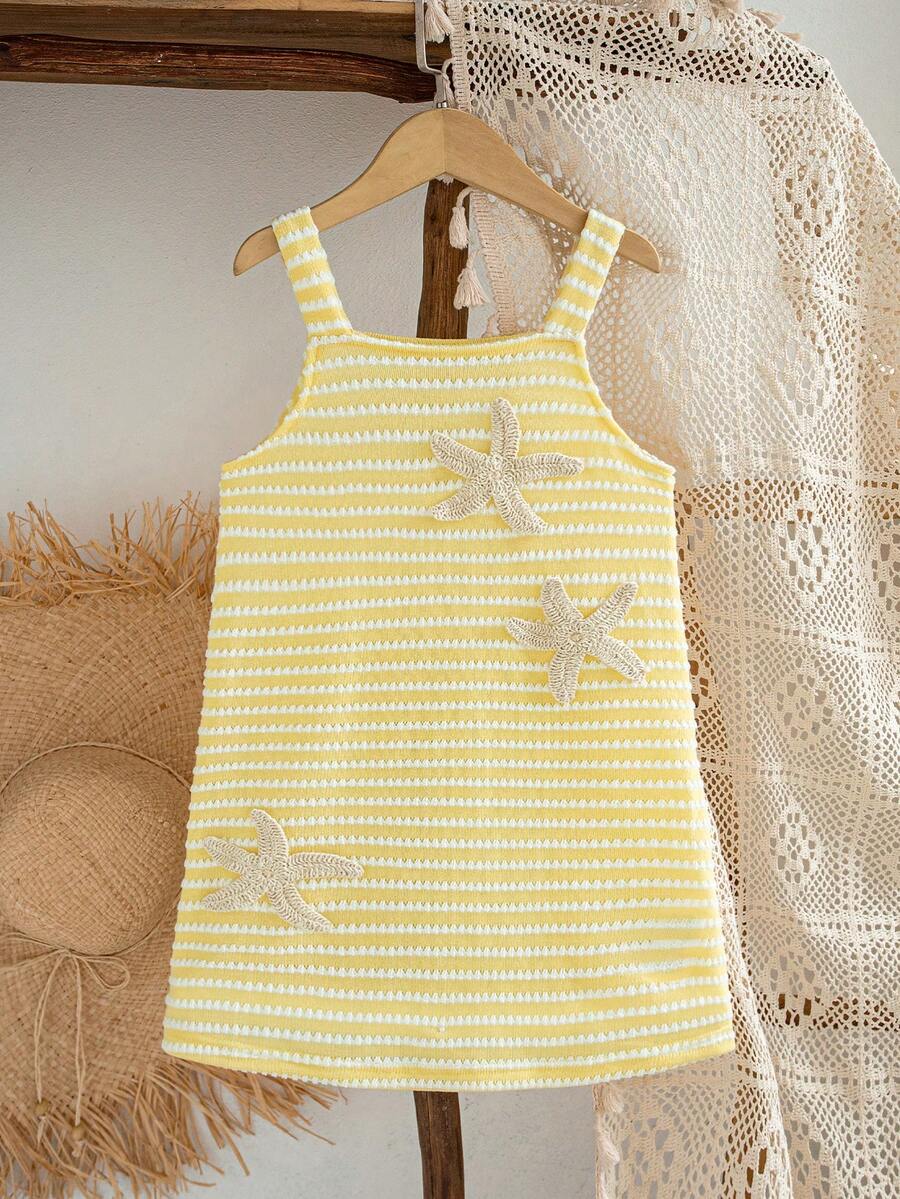 SHEIN Genkimix Kids 1件女童YK2夏季休闲钩编连衣裙,黄白相间,海星装饰无袖吊带裙,适合海滩、度假、休闲穿着 - 黃色 - 查看 1