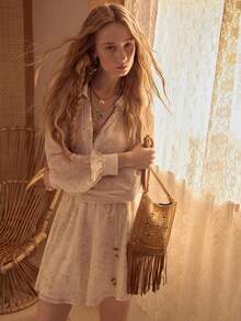 MOTF STUDIO Bộ đồ nữ mùa xuân/hè in họa tiết toàn thân, gồm áo dài tay xuyên thấu và quần short thắt lưng, gồm 2 món. - Màu Khaki - Xem 5