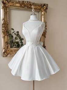 Lovelzi Elegant White Summer Satin Slip Dress,Formal V-Neck Sheer Back Bowknot Adjustable Straps A-Line Skirt,Perfect For Grad,Wedding,Parties,Bridal Gifts - White - View 3