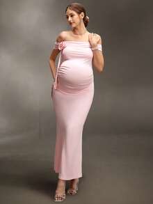 Cheriluna Maternity Maternity Photoshoot Dress, Off-Shoulder, Front Floral Decor, Ruffle Waist, Fitted Long Dress Maternity Dresses Pregnancy Dresses For Photoshoot Pregnancy Gown Women Pregnancy Clothes Pregnancy Dresses For Party,Maternity Dresses For Baby Shower Maternity Dresses For Pregnant Women Elegant Maternity Gowns - Pink - View 5