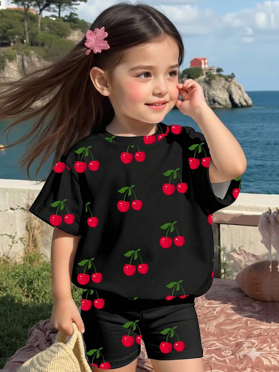 SHEIN 1 Set Baju dan Celana Pendek Bayi Perempuan Motif Buah Ceri Manis dan Lucu Gaya Liburan, Cocok untuk Musim Semi hingga Musim Panas - MultiWarna - View 1