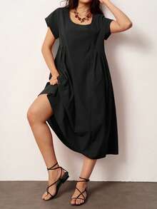 Plus-Size Women's Short-Sleeved Loose A-Line Dress, Made Of Soft Cotton. - Black - View 5