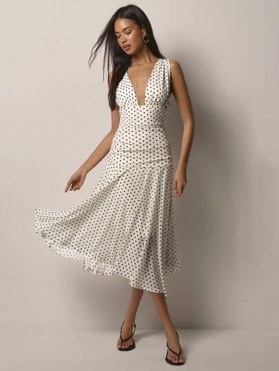 COSMINA Women's Polka Dot V-Neck Asymmetric Hem Ruched Waist Casual Vacation Elegant Y2K Polka Dot Midi Dress