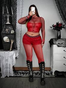 Whyspr Plus Size Women's Solid Color Hollow Out Sexy Versatile Daily Wear Skinny Leggings - Red - View 3