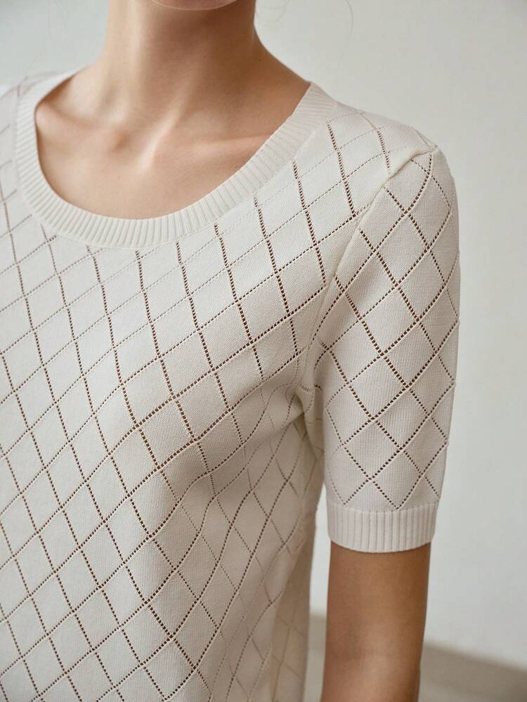 SOLID COLOR HOLLOW RHOMBUS TEXTURE SHORT SLEEVE KNIT TOP AND SWEATER PANTS SET
