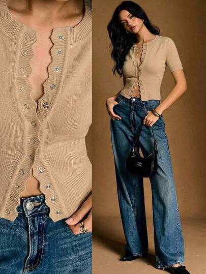 Poéselle Cárdigan casual de mujer de unicolor, de manga corta, de abotonadura sencilla y de tela fina